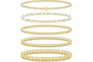 IF YOU Gold Beaded Bracelets for Women, 14K Real Gold Plated Jewelry for Women Dainty Pearl Bead Bracelets Stack, Non Tarnish Trendy Stackable Ball Cross Stretch Bracelet Set Fashion Accessories Gifts