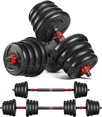 MOVTOTOP Adjustable dumbbell convertible to barbell with 16 plates and steel handle