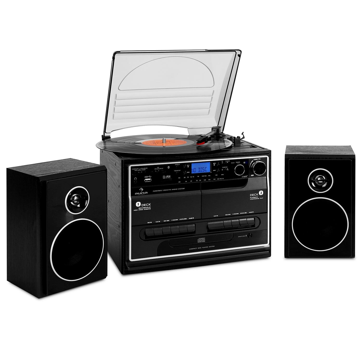 Auna BT Cadena Estéreo Tocadiscos Cassette Bluetooth altavoces doble reproductor cassette USB