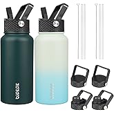BJPKPK 2 Pack Insulated Water Bottles with Straw Lids, 27oz Stainless Steel Metal Water Bottle with 6 Lids, Leak Proof BPA Free Jugs, Cups, Flasks for Travel, Sports (Army Green+Mint)