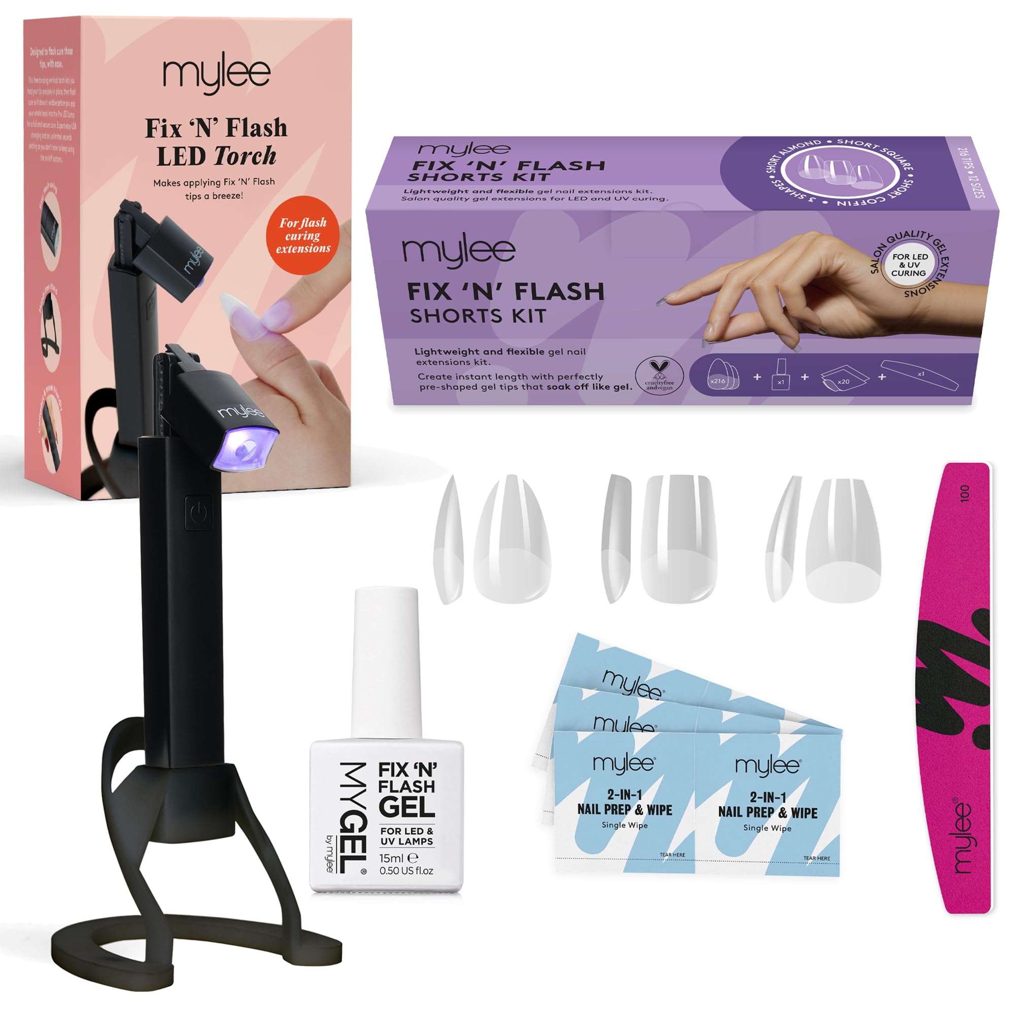 Mylee Fix N Flash Soft Gel Tips Kit with LED Torch - 3 shapes, 216pcs, Portable Curing Lamp, USB Rechargeable, Movable Head, Prep Wipes & Half-moon Nail File, Full Cover, Nail Art Extensions