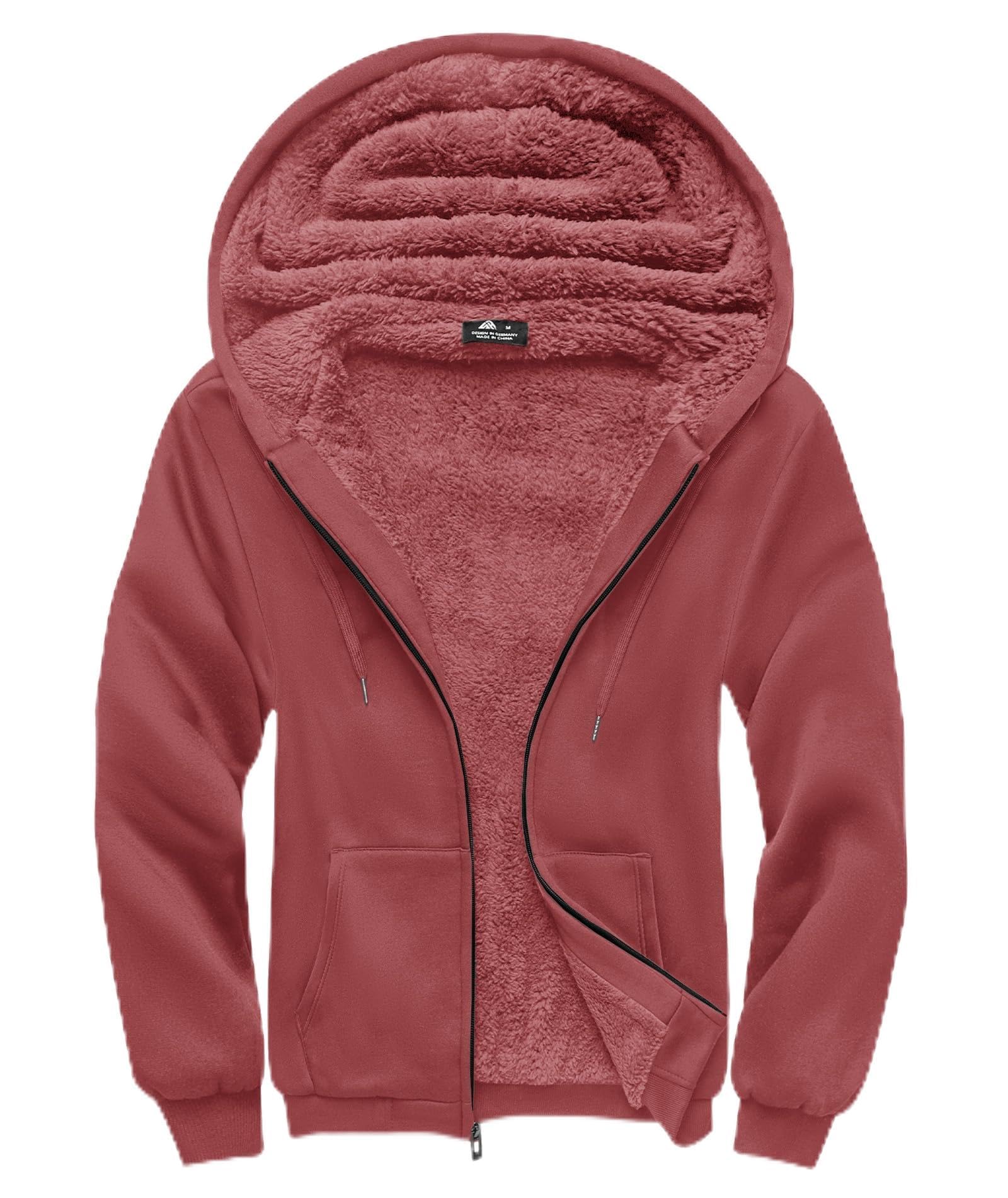 SCODI Hoodies for Men Heavyweight Fleece Sweatshirt - Full Zip Up Thick Sherpa Lined Hooded Sweatshirts Watermelon Red M Image