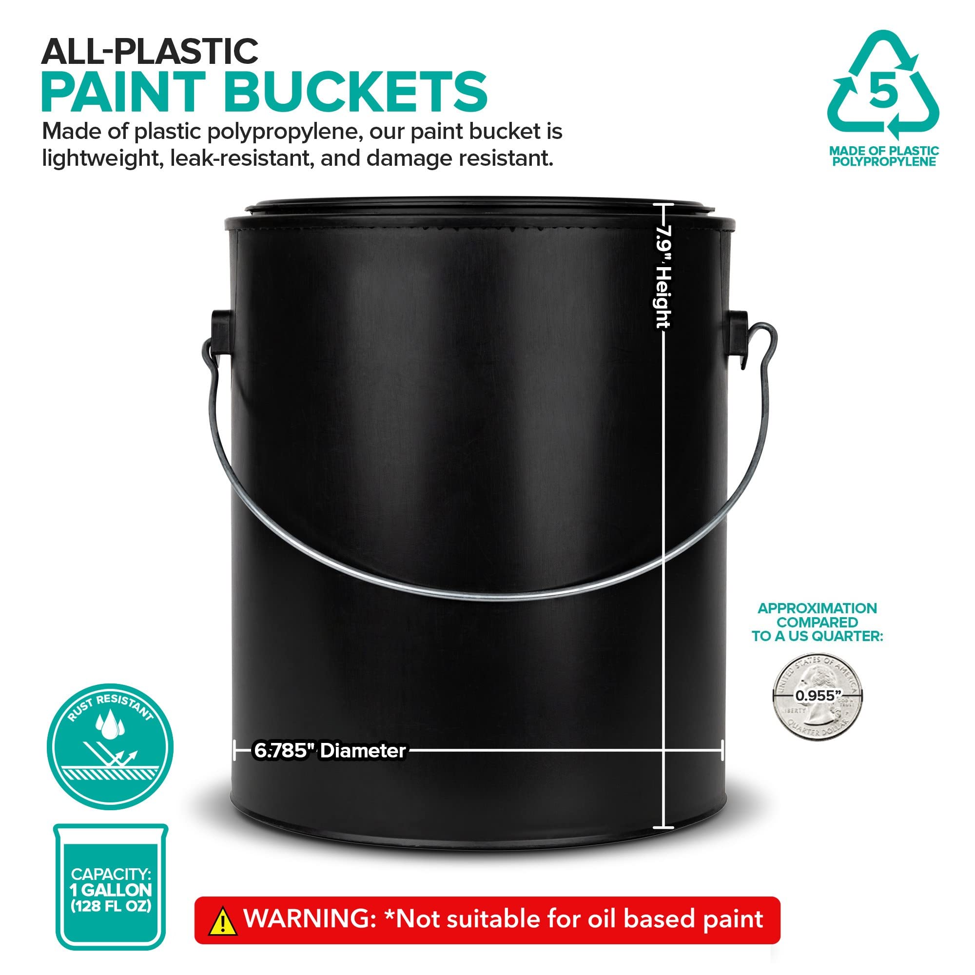 1 Gallon Plastic Paint Bucket (Black) - Triple Lock Airtight Seal