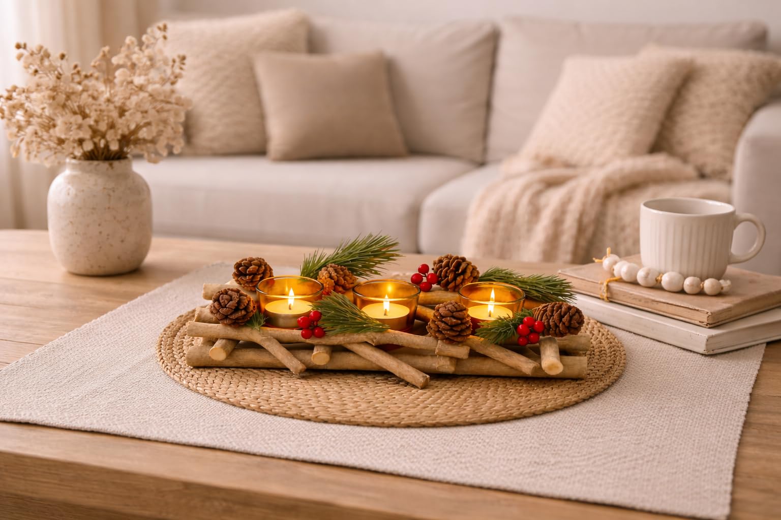 Marco Paul Wooden Triple Glass Tealight Holder - Decorative Table Centrepiece - Votive Candle Holders - Pine Style Table Decoration Fireplace, Home Decoration Tea Light Candle Holders