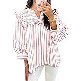 Cicy Bell Womens Striped Babydoll Tops Ruffle V Neck Puff Sleeve Blouses Loose Fit Cute Flowy Shirts