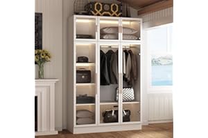Hitow Wardrobe Cabinet with LED Light Strips, Armoire Closet with Glass Doors, Wooden Large Wardrobe with 5 Tiers Shelf & Hanging Rod, Modern Bedroom Armoire Clothes Organizer, White 47.2" W