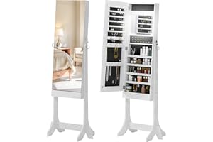 soges Free Standing Jewelry Cabinet Armoire, LED Lights Jewelry Organizer, Full Length Mirror Cabinet Jewelry Chest, 3 Angle 