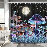 TOWINSFB 4Pcs Cute Frog Mushroom Shower Curtain Set with Toilet Lid Cover U-Shaped Mat and Non-Slip Rugs, Neon Animal Butterfly Plant Shower Curtain Bathroom Decor Set, 72 x 72