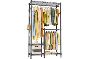 HYSEYY Heavy Duty Clothes Rack, Garment Rack for Hanging Clothes, Adjustable Wire Shelving Clothing Racks with 2 Hanging Rods, Freestanding Closet Wardrobe Rack Loads 450LBS, Black