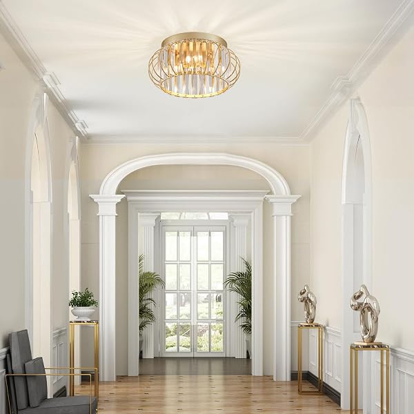 CABVOPE 3-LIGHT MODERN CRYSTAL CHANDELIER GOLD FLUSH MOUNT CEILING LIGHT FIXTURES FOR HALLWAY FOYER BEDROOM KITCHEN DINING ROOM LIVING ROOM, METAL INDOOR CLOSE TO CEILING LAMP