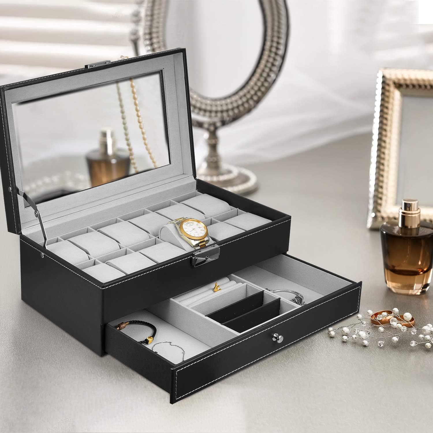 Hossejoy Leather Watch Box 12 Mens Watch Organizer with Jewelry Display Drawer Lockable Watch Case Organizer, Black: Home Improvement