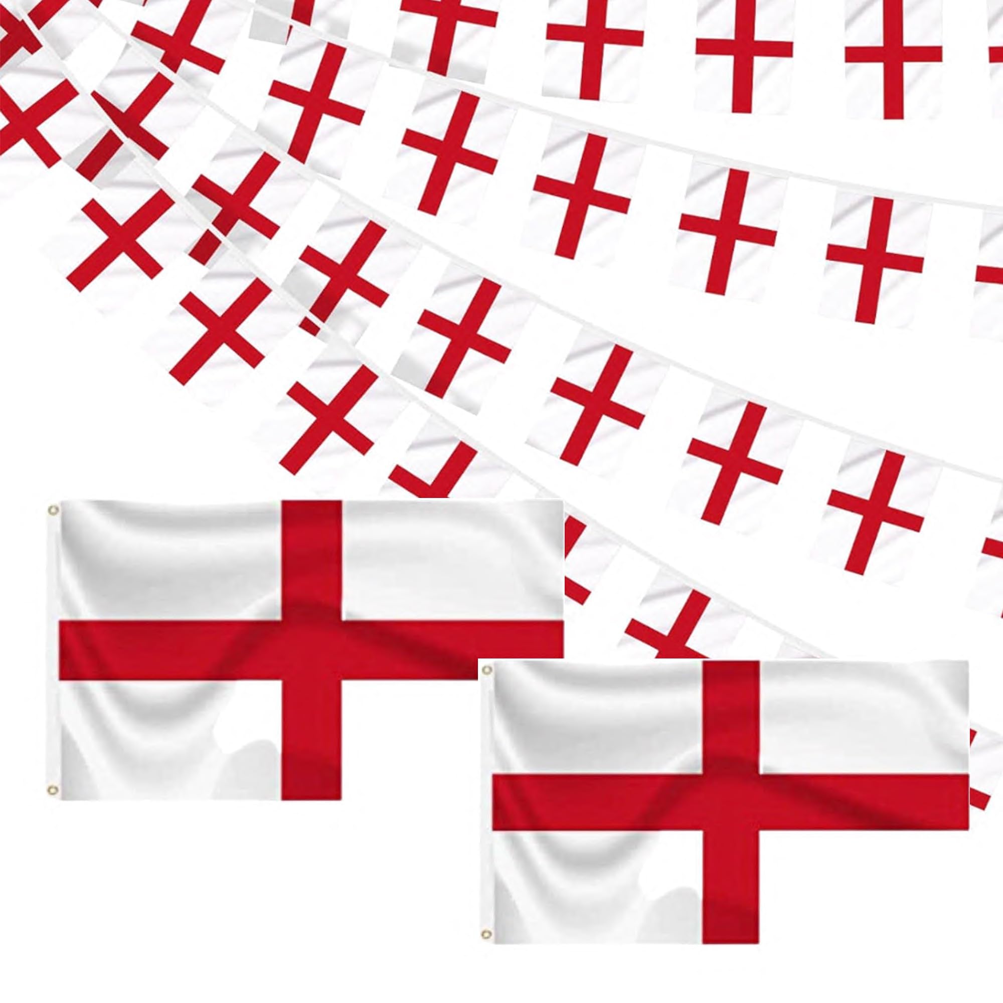2 England Flags 5ft x 3ft and England Flag Bunting 40m England Bunting Decorations Football Party