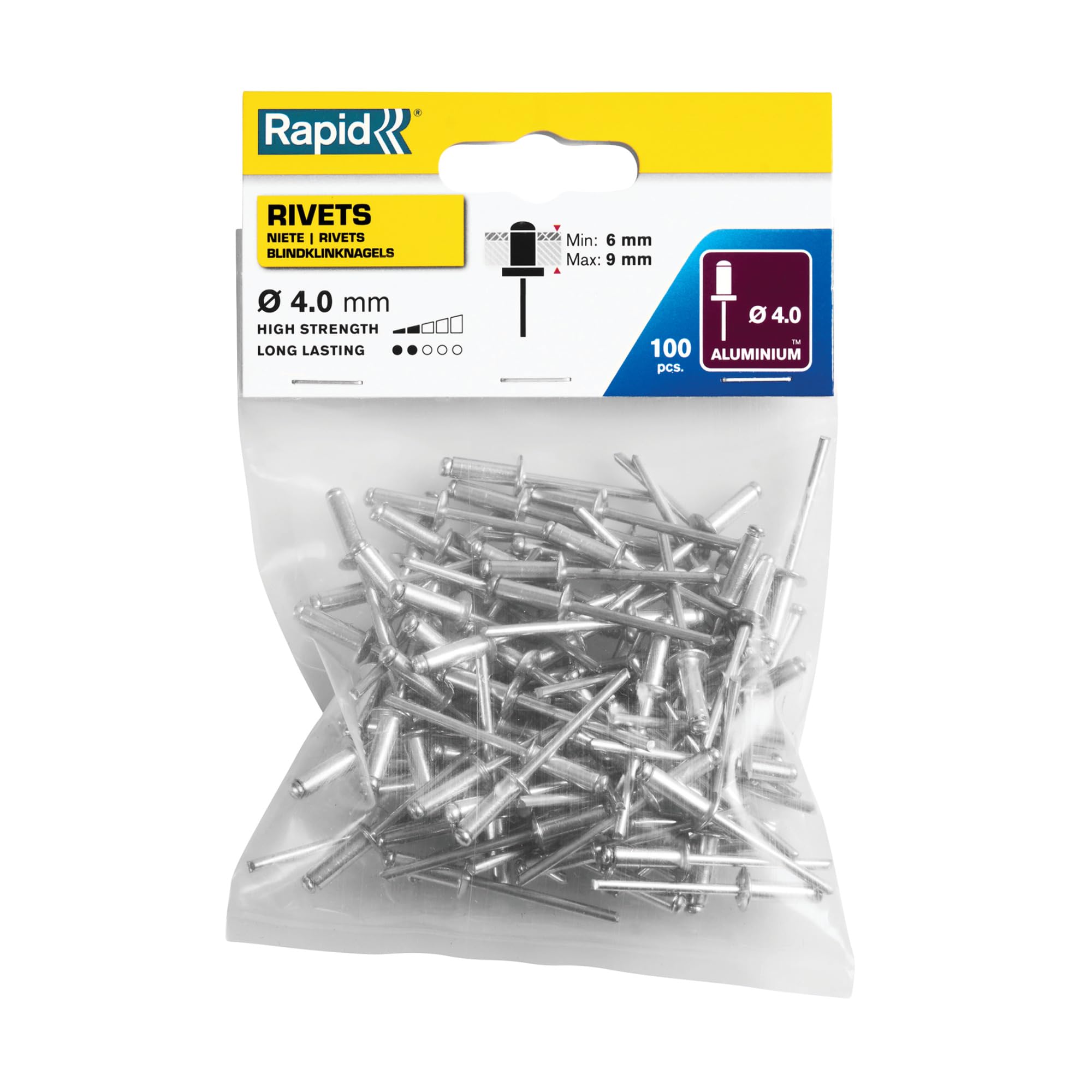 RRapid Rivets Standard Alumium rivets, 4 x 12 mm, 5000379 - 100 Pieces, Silver/ Clear/ Blue
