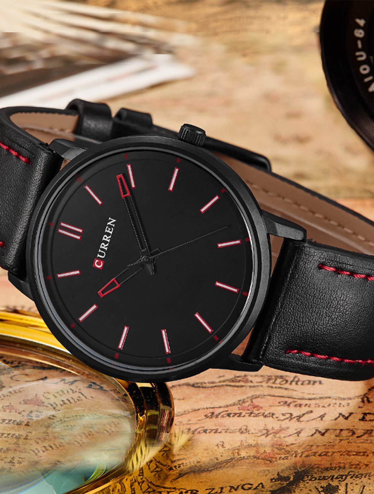 Herren Schwarz Ultradünne Uhr,Armbanduhren für Männer Geschäft Wasserdicht Quarzuhr für Mann mit Schwarzes Lederarmband
