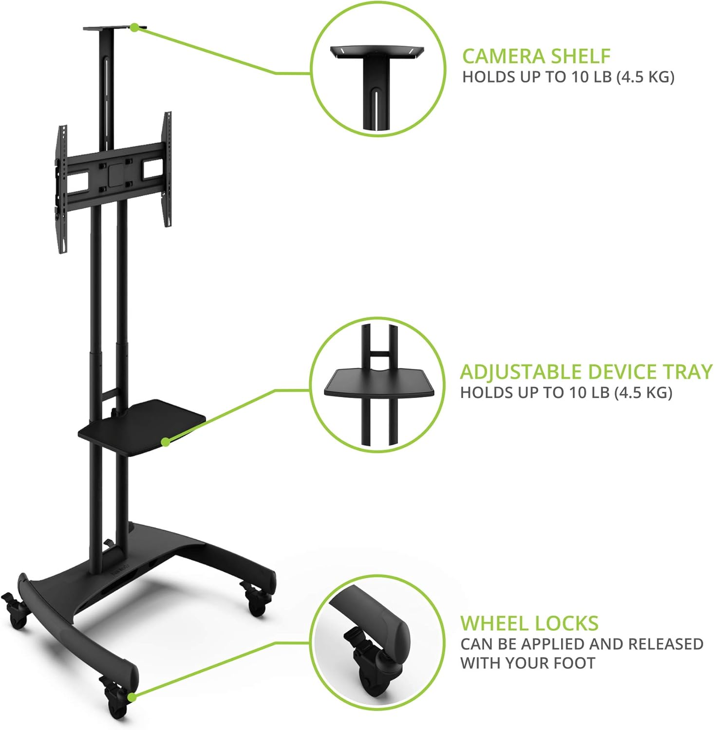 Kanto MTM65PL Height Adjustable Mobile TV Stand with Adjustable Shelf for 37-inch to 65-inch TVs | Supports up to 80 lb Total | Integrated Cable Management |: Home Audio & Theater