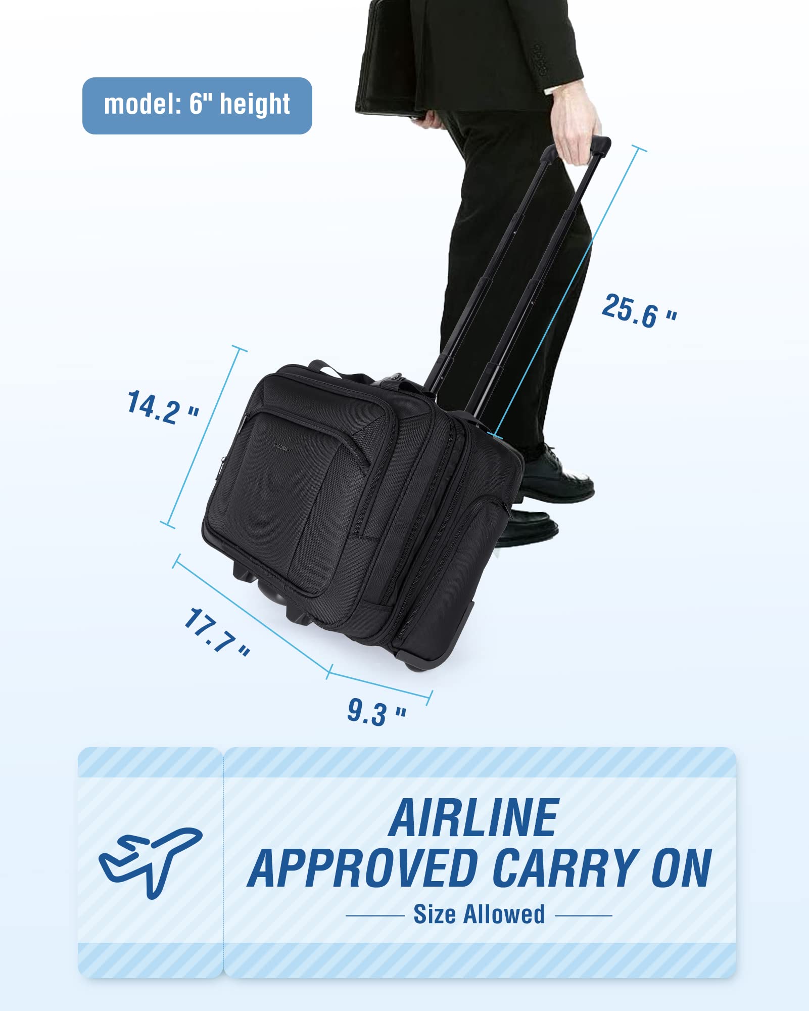 BAGSMART 17.3 Inch Rolling Laptop Briefcase with Wheels, Large Unisex Computer Bag for Business Travel, Black
