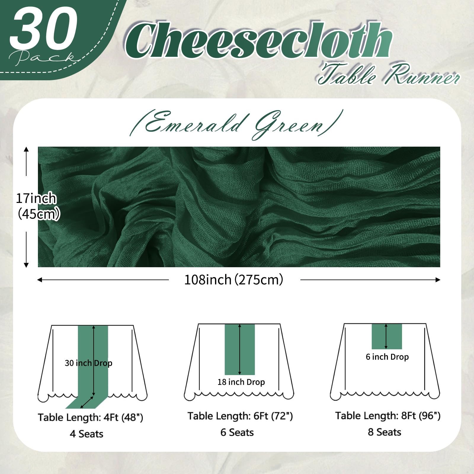Condition photo showing As Is for 30 pack emerald green cheesecloth table runner 17 x 108 inch cheese cloth table runners 9ft green ta