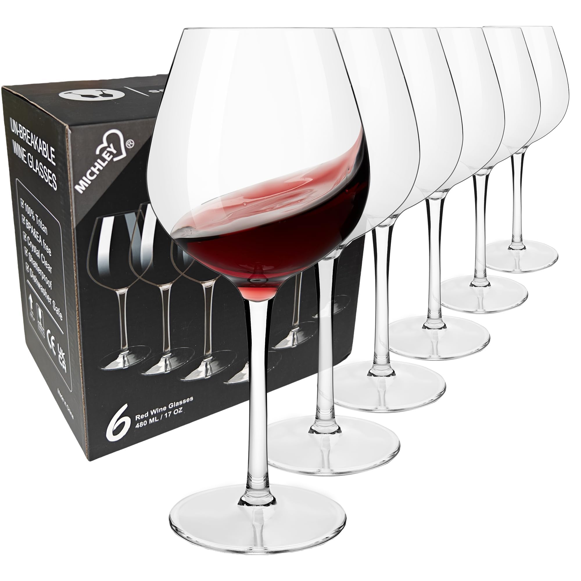 COOKY.D Large Tritan-Plastic Red Burgundy Wine Glasses 17oz, Unbreakable Long Stemmed Glassware for Party, Birthday, Dishwasher Safe, Dishwasher Safe, BPA Free, Set of 6