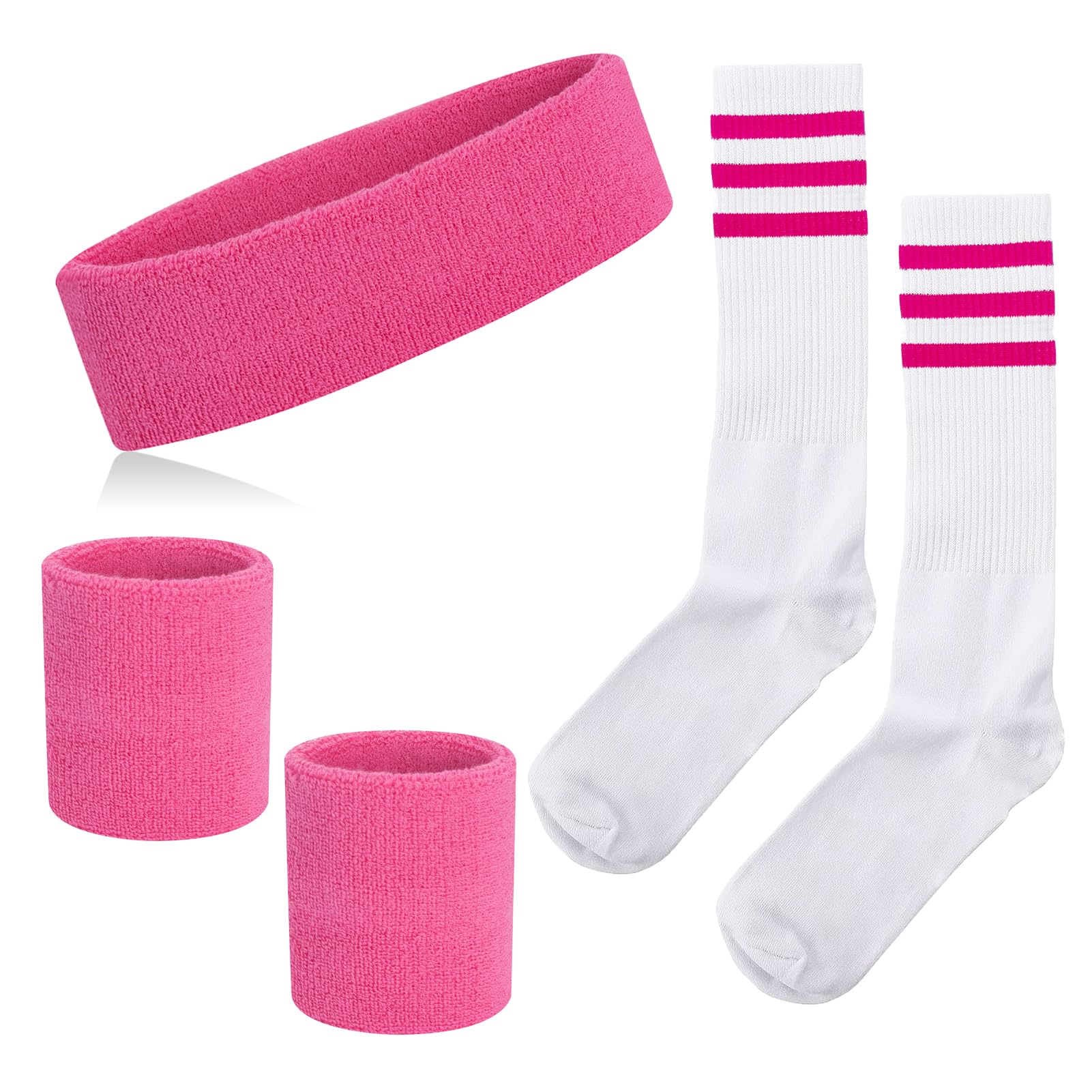 NANXJIUR 5 Pieces Sweatband Striped Sock Set Sports Headband Wristbands High Tube Socks 80s Accessories for Men Women 90s Costumes Theme Party Striped Sock Set (Pink/White/Pink)