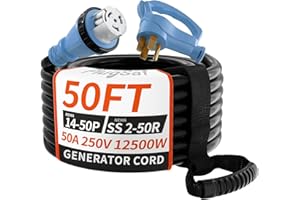 PlugSaf 50 Amp Generator Cord, 50FT 50 Amp RV Extension Cord with Twist Lock, Generator Cable 50A 4 Prong Blue, NEMA 14-50P/SS2-50R Heavy Duty STW Wire for RV Camper & House