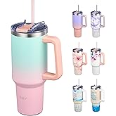THILY 40 oz Stainless Steel Tumbler with Handle - Vacuum Insulated Travel Cup, Splash-Proof & Leakproof Lid, 2 Straws & Brush | Keeps Cold 34H/Hot 12H, Cupholder Friendly, Candy Pink
