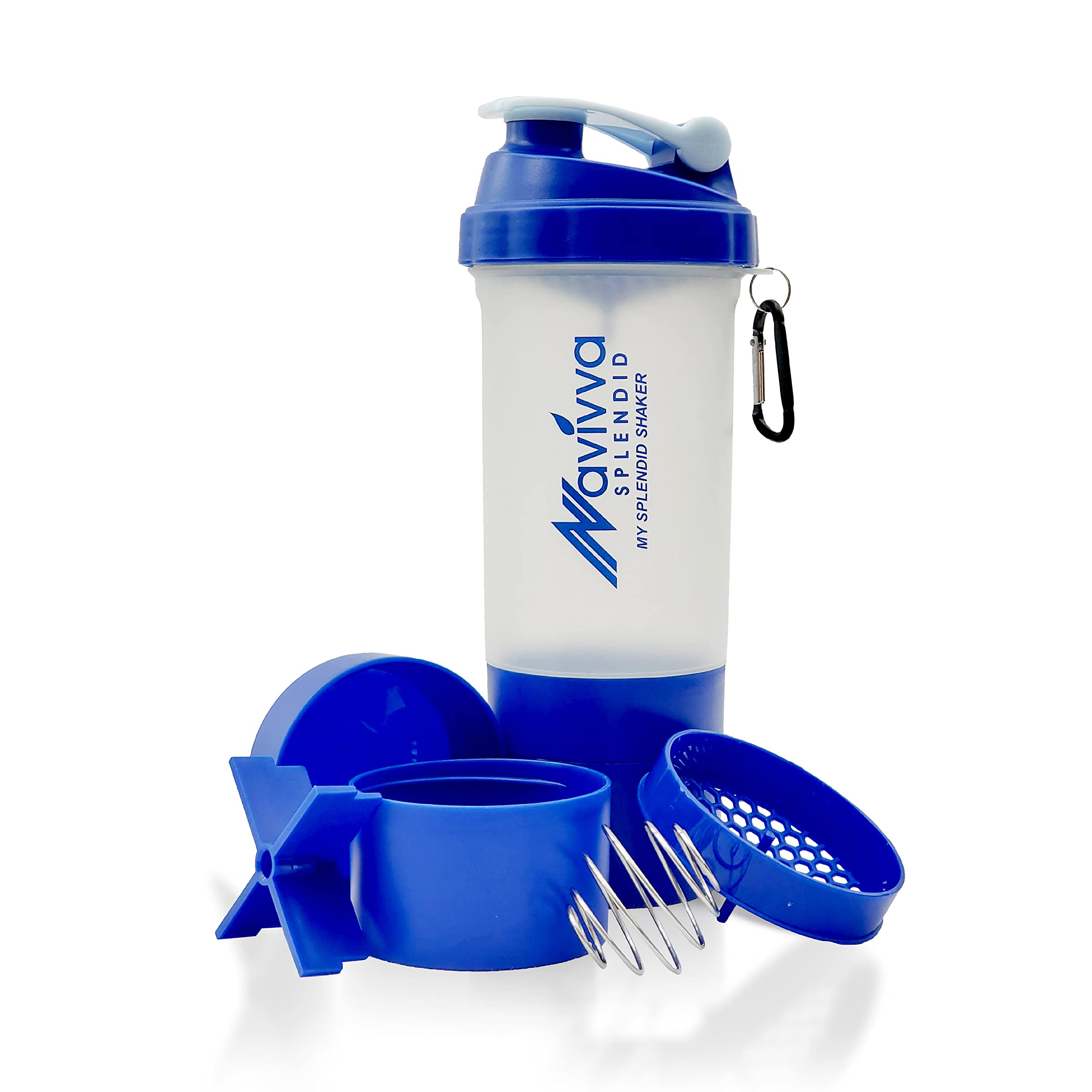 NAVIVVA SPLENDID Protein Shaker Bottle with Mixing Ball and Storage Compartments, 600 ml – BPA-Free, 100% Leakproof Gym Shaker Bottle with added Compartments for powder & supplement storage. (Blue)