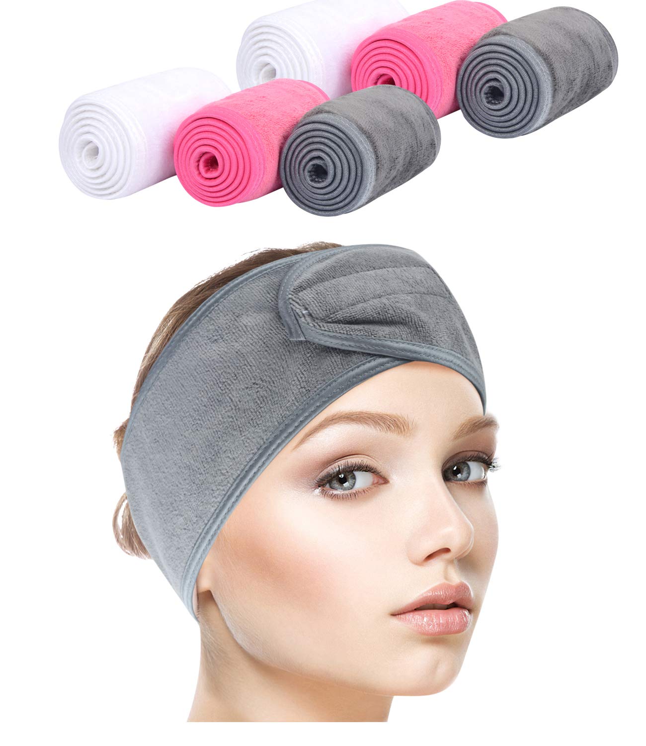 Sinland Spa Headband for Women 6 Counts Adjustable Makeup Hair Band with Magic Tape,Head Wrap for Face Care, Makeup and Sports
