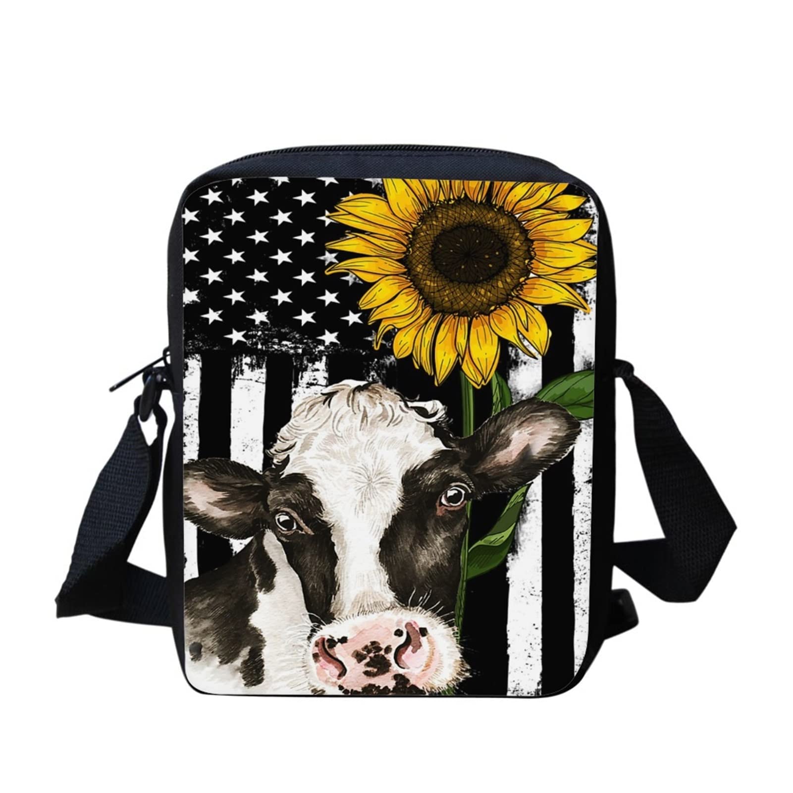 Dolyues Sunflower Cow American Flag Print Mini Crossbody Bags for Women Casual Zipper Handbags Messenger Bags with Inner Pocket — image 1