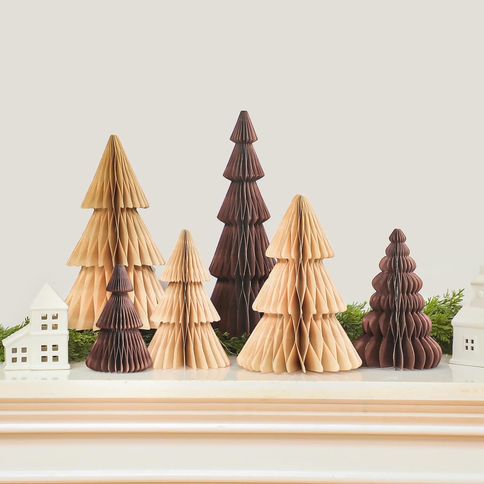 Photo 1 of ReliThick 6 Pcs Paper Christmas Tree Decor 3D Honeycomb Trees Table Centerpiece for Modern Christmas Mantel Decorations Home Xmas Holiday Party Decorations (White, Brown)