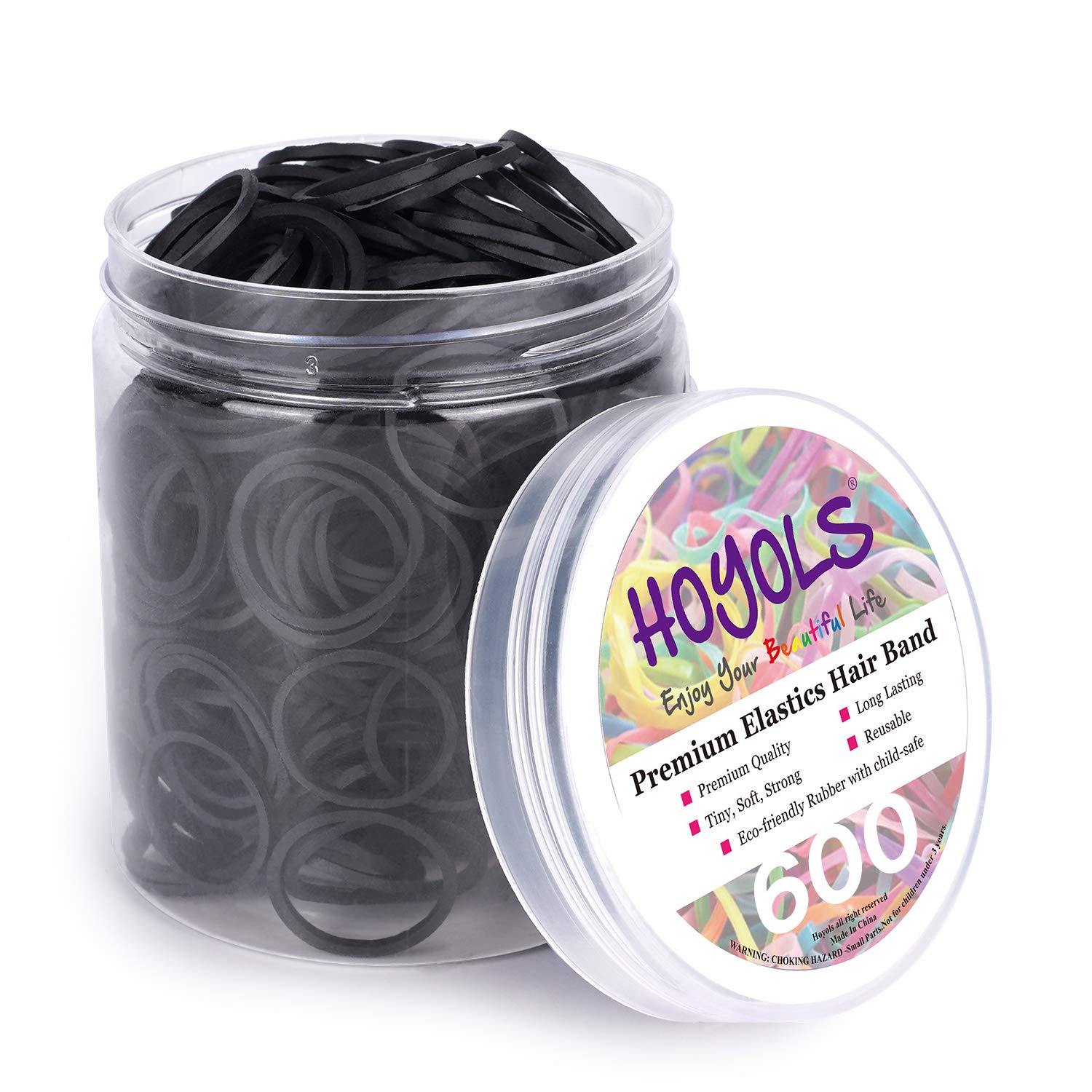 HOYOLS 3/4” Inches Black Hair Rubber Bands for Hair Ties Small Mini Elastics Bands Large Braiding Ponytail Holders for Baby Toddler Girls Kids No Damage 600pcs (M) Latex-Free
