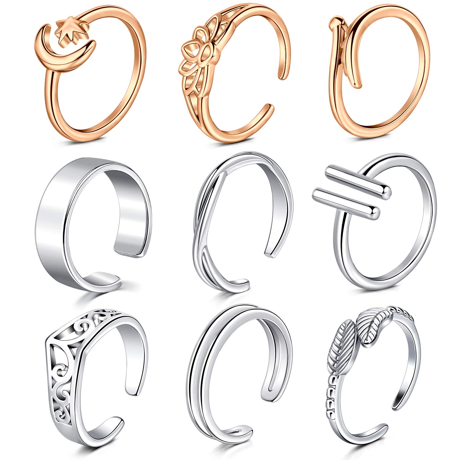 Rajnard Toe Rings Finger Rings Joint Rings Adjustable Band Ring Finger Knuckle Foot Ring Moon and Star Lotus Wing Style Surgical Steel for Women Girls 9Pcs Silver/Rosegold