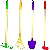 JustForKids Kids Garden Tool Set Toy, Rake, Spade, Hoe and Leaf Rake, reduced size , made of sturdy steel heads and real wood