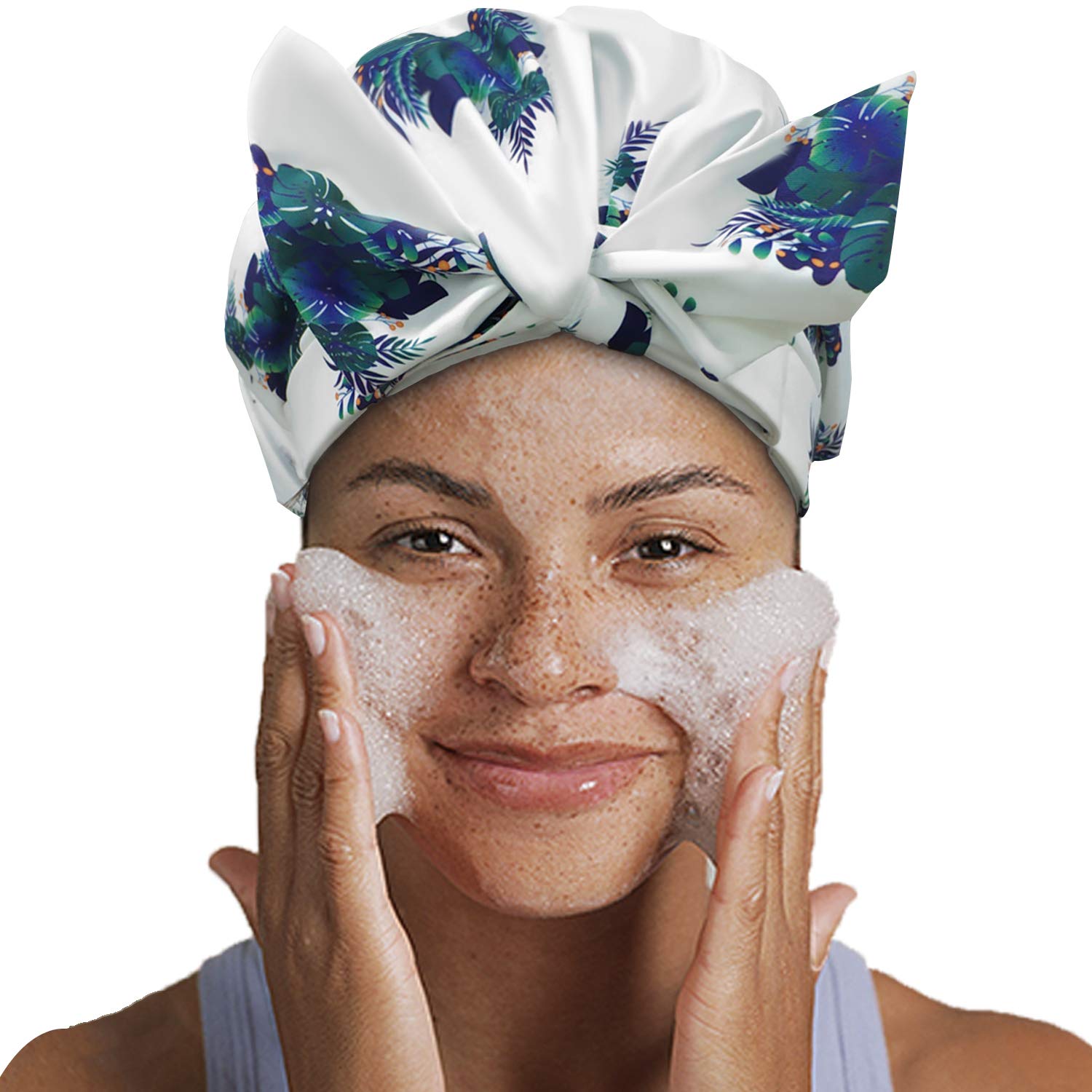 Shower Cap for Women, Reusable Waterproof Shower Caps with Adjustable Shape Forehead Knot Strap, Elasticized Hem Shower Hair Cap, Oversized for All Hair Lengths(Botanical Leaves Pattern Printed) : Beauty