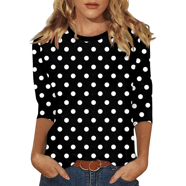 Womens 3/4 Sleeve Casual Tops Basic Polka Dots Round Neck Stylishy