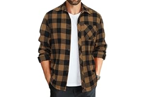 Men's Buffalo Plaid Shirt Long Sleeve - Classic Button Up Lightweight Polyester Tops Regular Fit Chest Pocket