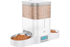 HoneyGuaridan 3.5L Automatic Cat Feeder for Two Cats, Cat Food Dispenser with Stainless Steel Bowl,Desiccant Bag,Timed Cat Feeder Programmable 1-6 Meals Control, Dual Power Supply,10s Meal Call(White)