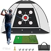 KLAODOT Golf Net with Practice Mat,Golf Hitting Aid Nets 10x7FT for Backyard Driving Chipping Training Swing with Target Mat Balls for Outdoor Indoor，Gifts for Men Dad Him and Golfer