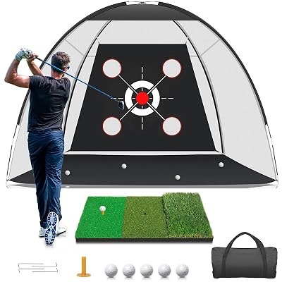 KLAODOT Golf Net with Practice Mat,Golf Hitting Aid Nets 10x7FT for Backyard Driving Chipping Training Swing with Target Mat Balls for Outdoor Indoor，Gifts for Men Dad Him and Golfer