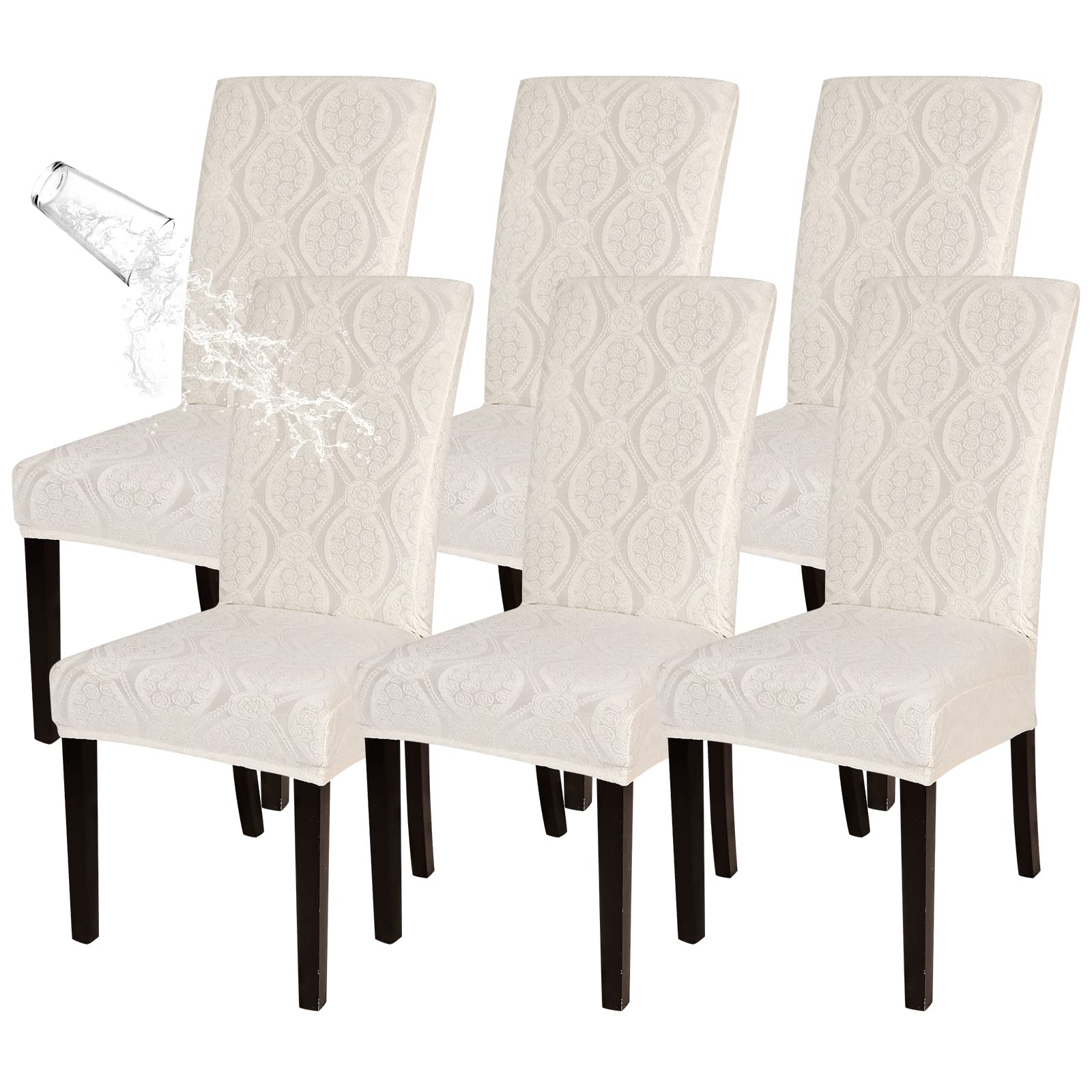 SearchI Waterproof Dining Room Chair Covers 6 Pack, Stretch Parsons Chair Slipcovers Removable Washable Kitchen Chair Protector Cover for Dining Room, Hotel, Banquet (Beige Flower Pattern, 6PCS)