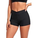 Womens V Cross Swim Shorts Tummy Control Bottoms (Available in Plus) | Mid-rise fit for torso balance, Flat midsection, Straight hem reduces chafing, Full modesty rear coverage