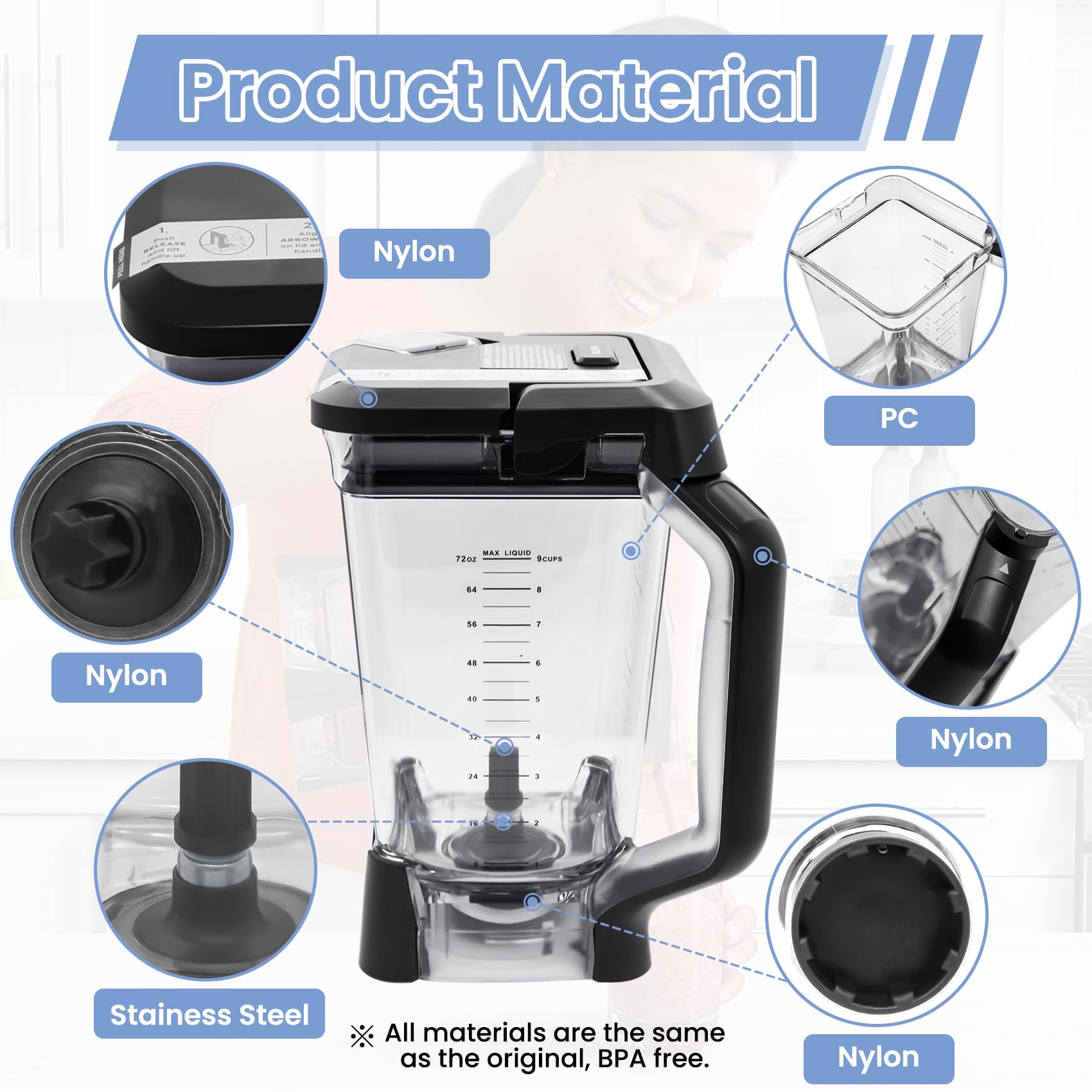 72 oz XL Pitcher Replacement Compatible with Ninja BL660 BL740 Blenders Professional, 72oz Crushing Pitcher Replacement for Ninja BL660A BL660W BL660WM BL663CO BL665QBK BL740C-With Locking Lid