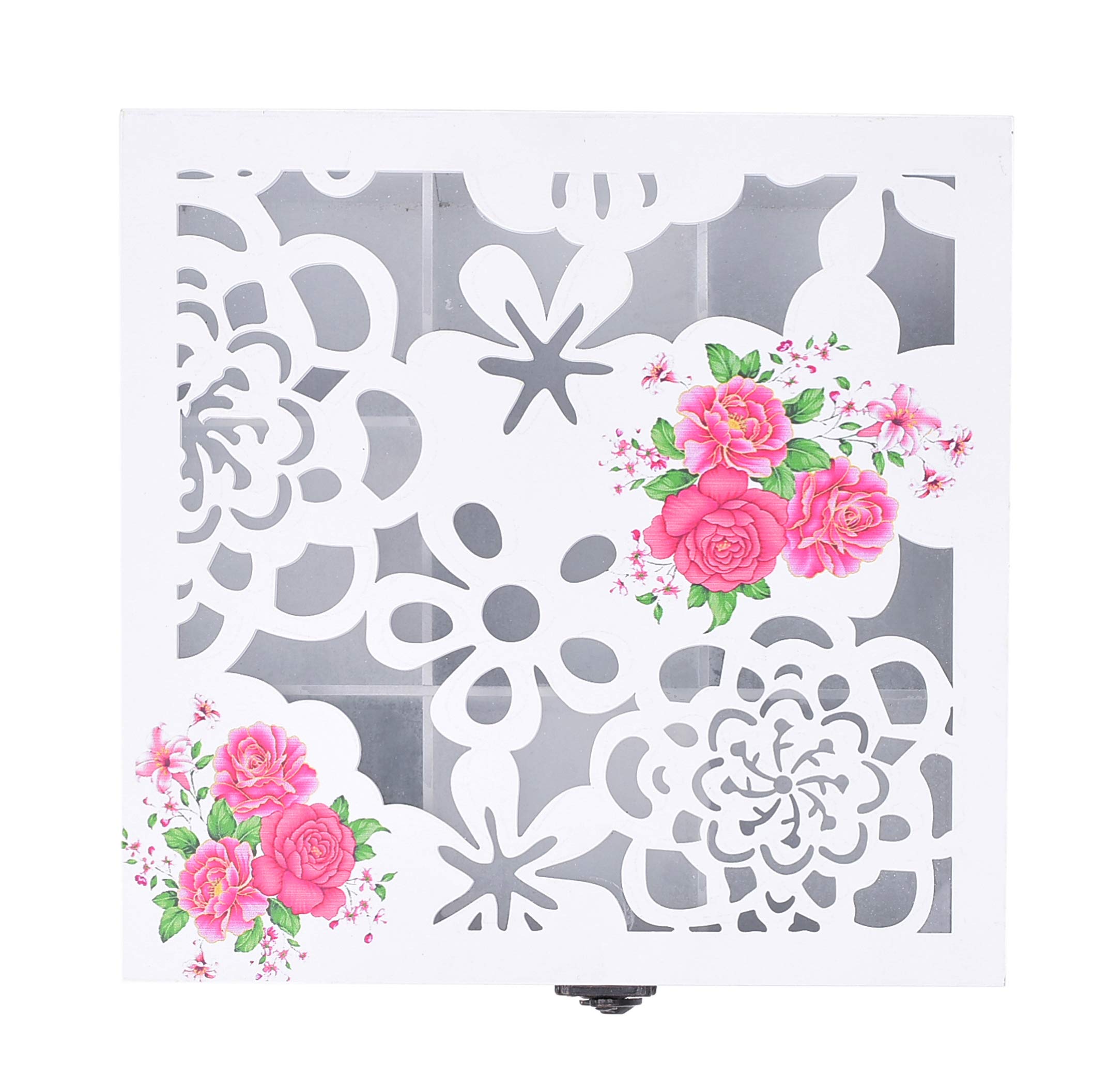 MICKYU Girls Jewelry Box, Wooden Jewelry Organizer Glass Top Storage Case with 9 Compartments for Necklaces, Watches, Bracelets, Earrings, 9.5 x 9.5 x 3.5 inches (Style E)