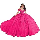 DXUOPL Lace Applique Quinceanera Dresses 3D Flower Ball Gown Sparkly Tulle Sweet 16 Dresses Off Shoulder Quince Dress