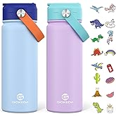 GoKEDA 18oz Kids Water Bottle, 2 Pack Insulated Bottles with Stickers, 18/8 Stainless Steel Vacuum Leak Proof Straw Cup for School, Gifts for Girls(Light Blue, Purple)