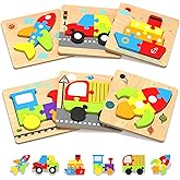 Yetonamr Wooden Toddler Puzzles Gifts Toys for 1 2 3 Years Old Boys Girls, 6 Vehicle Shape Montessori Toys Educational Blocks Easter Basket Stuffers Kids Gift Baby Learning Toy Age 1-3, 2-4
