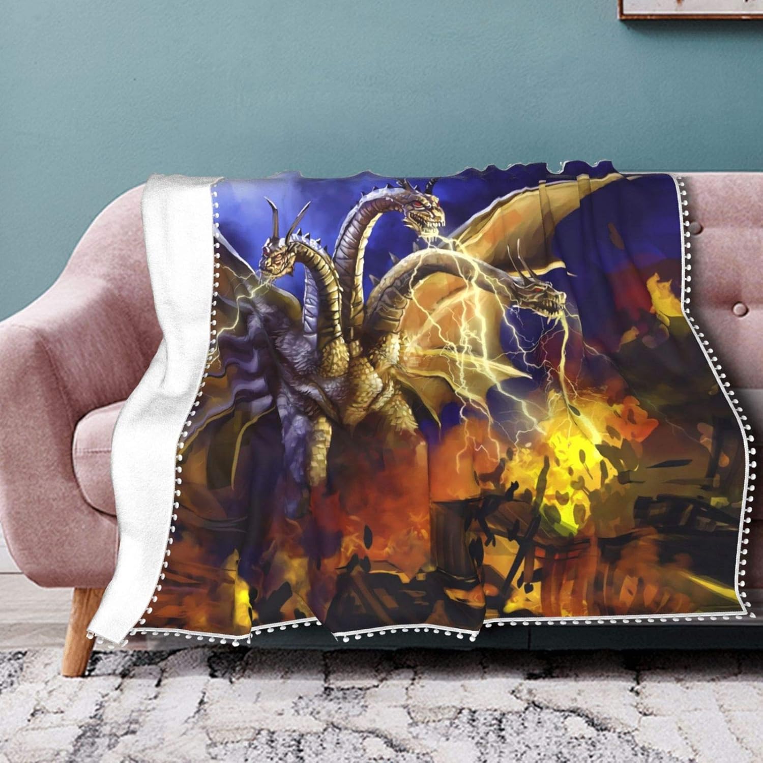 Asuuats Anime Godzilla King of The Monsters Warm Pompom Fringe Blanket, Soft Cozy Light Anti-Pilling Fluffy Throw Blanket, Home Decor Sofa Fuzzy Blanket Travel Lanket 40