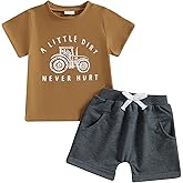 fhutpw Toddler Baby Boy Summer Clothes Tractor Letter Short Sleeve T-Shirt Tops Pockets Casual Shorts Set Infant Outfits