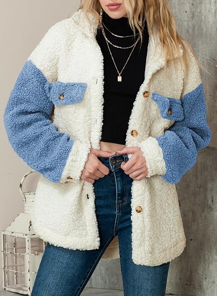ASTYLISH WOMENS 2023 WINTER COATS FUZZY FLEECE FAUX SHEARLING OVERSIZED OUTWEAR SHACKET JACKET BLUE