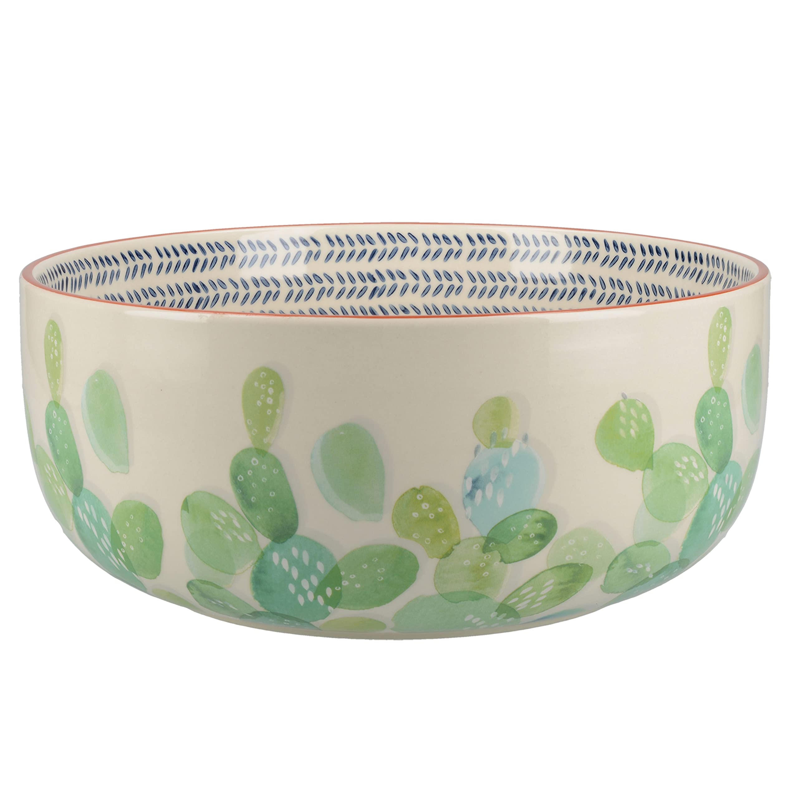 MIKASA Drift Large Ceramic Salad Serving Bowl, Hand Decorated Cactus Design, Natural, Blue and Green, 24cm