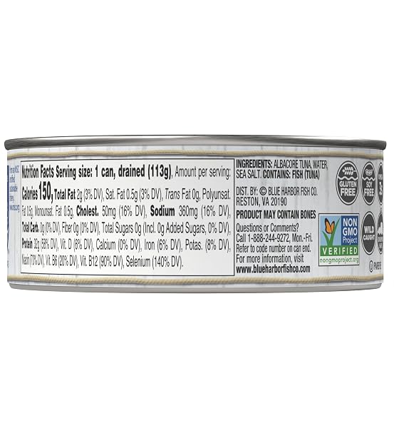BLUE HARBOR FISH CO. WILD ALBACORE SOLID WHITE TUNA IN WATER WITH SEA SALT – 4.6 OZ CAN (PACK OF 12)